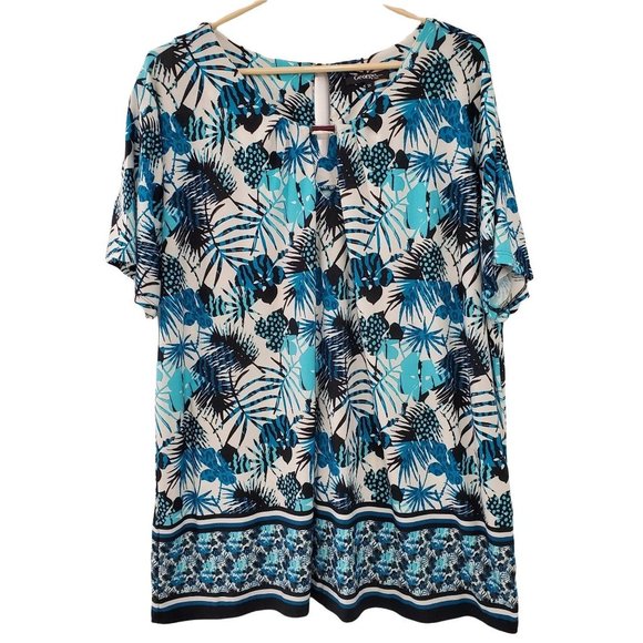 George Tropical Plants and Floral Print Short Sleeve Blouse - Picture 1 of 9